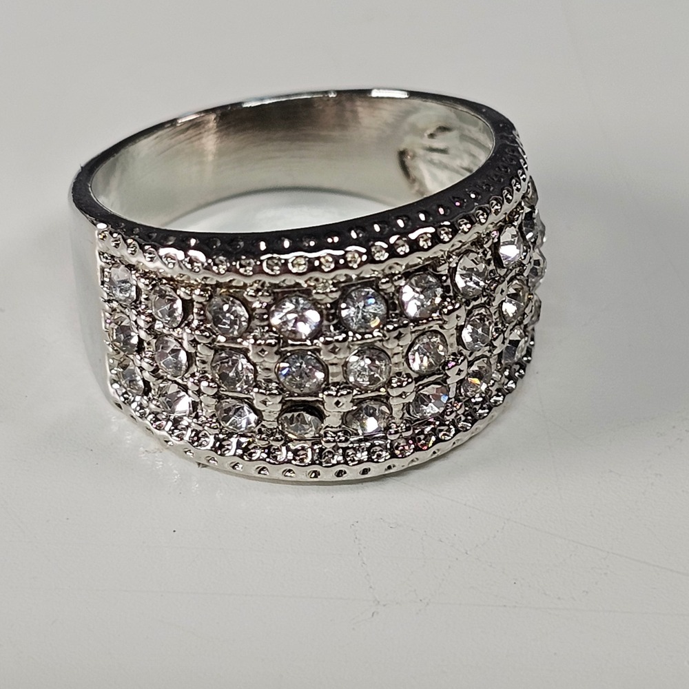 Silver Tone Rhinestone Pave Wide Band Statement Ring Size 8.5